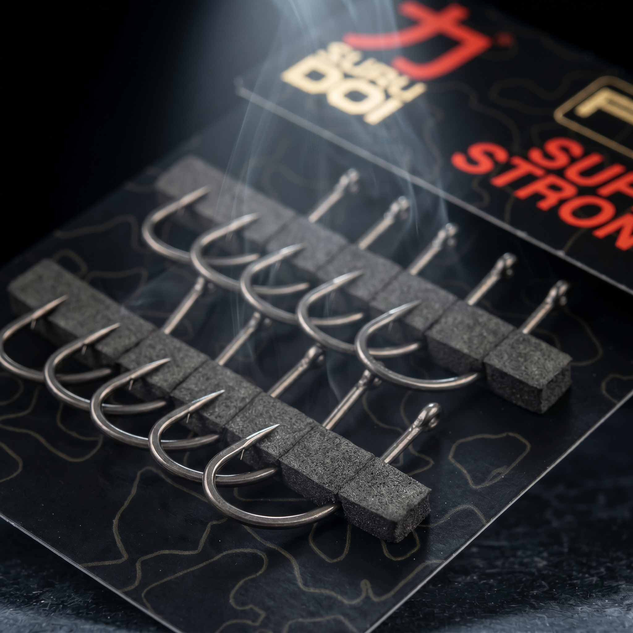 Close-up of SURUDOI Super Strong carp hook showing straight point and reinforced wire